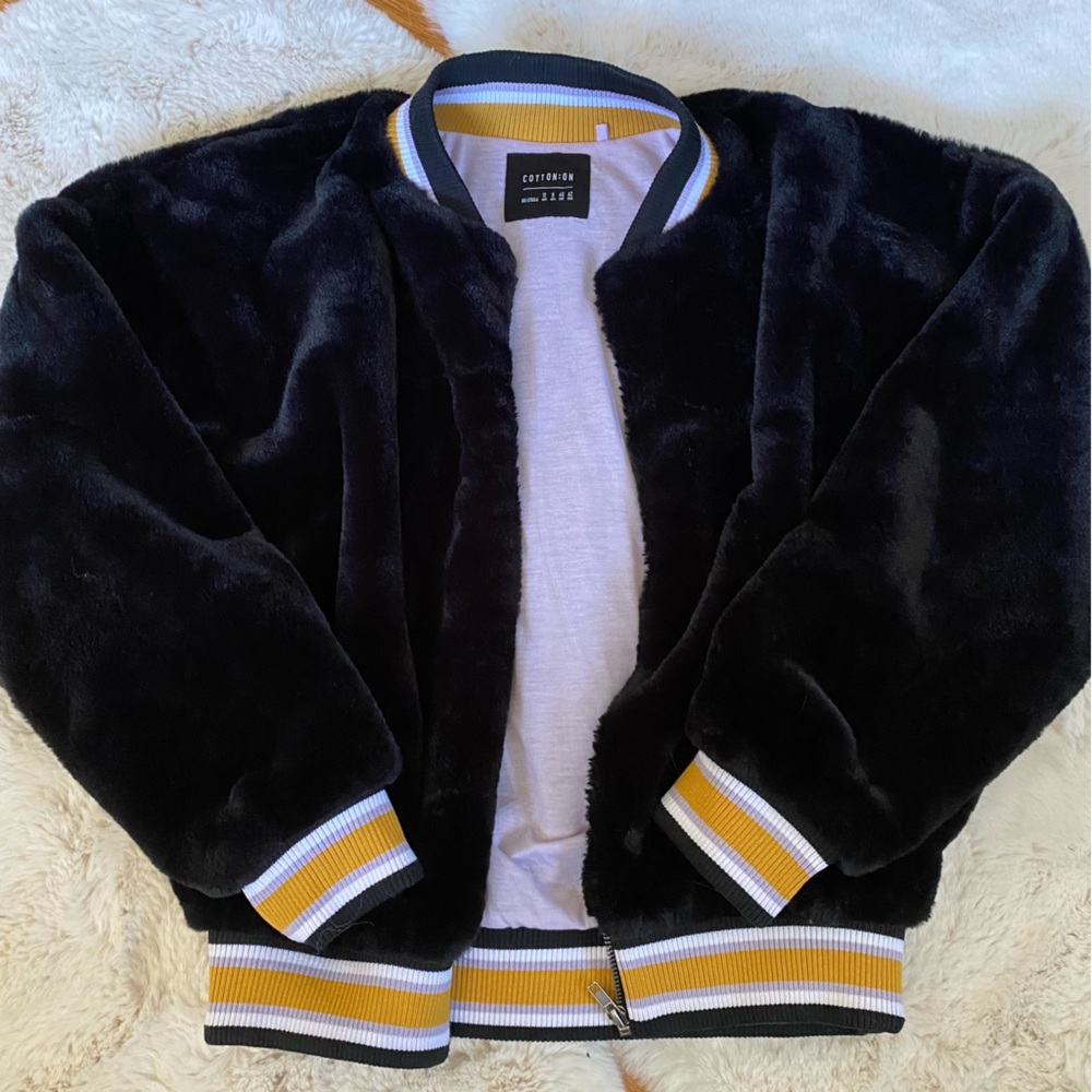 Cotton On Faux Fur Varsity Bomber Jacket Purple/Yellow/White Trim Teddy Coat